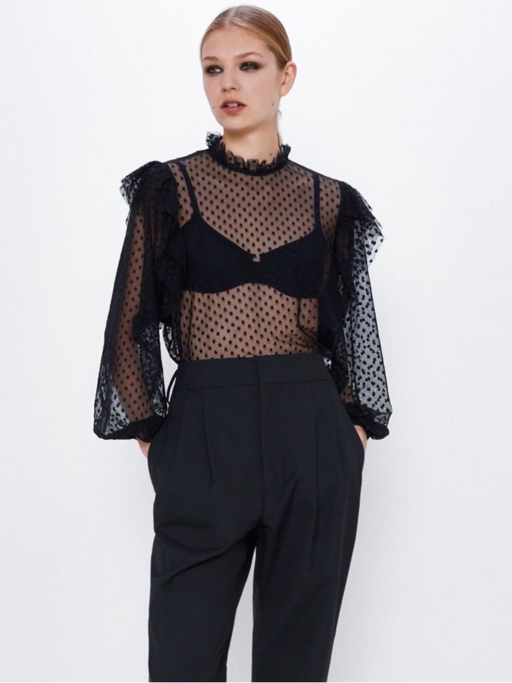 Zara Black Sheer Polka Dot Ruffle Top